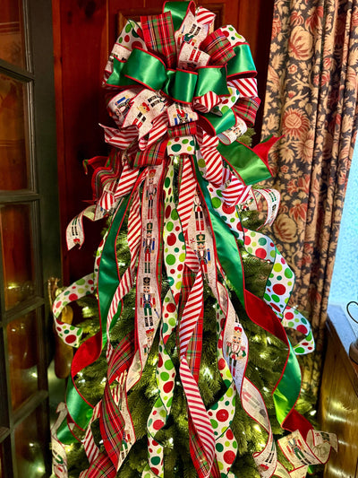 The Antonio Red & Green Christmas Tree Topper Bow, XL Luxury Bow, long streamer bow for tree, Christmas tree bow, Nutcracker bow for tree