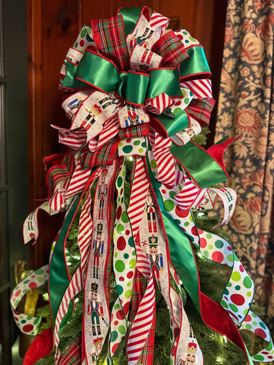 The Antonio Red & Green Christmas Tree Topper Bow, XL Luxury Bow, long streamer bow for tree, Christmas tree bow, Nutcracker bow for tree