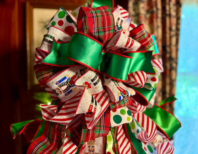 The Antonio Red & Green Christmas Tree Topper Bow, XL Luxury Bow, long streamer bow for tree, Christmas tree bow, Nutcracker bow for tree
