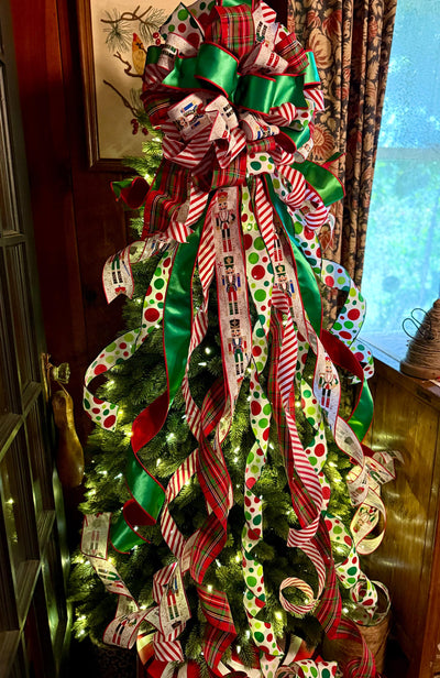 The Antonio Red & Green Christmas Tree Topper Bow, XL Luxury Bow, long streamer bow for tree, Christmas tree bow, Nutcracker bow for tree