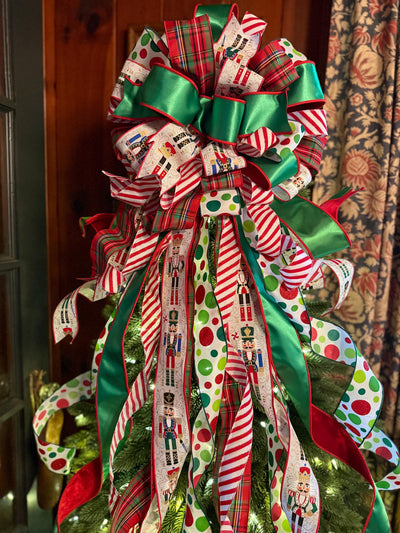 The Antonio Red & Green Christmas Tree Topper Bow, XL Luxury Bow, long streamer bow for tree, Christmas tree bow, Nutcracker bow for tree