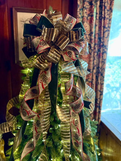 The Nora Green & Gold Christmas Tree Topper Bow, XL Velvet Luxury Ribbon Topper, Velvet bow for tree, big christmas bow