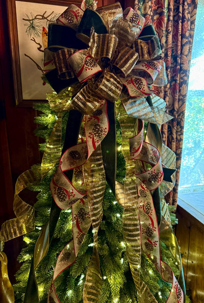 The Nora Green & Gold Christmas Tree Topper Bow, XL Velvet Luxury Ribbon Topper, Velvet bow for tree, big christmas bow