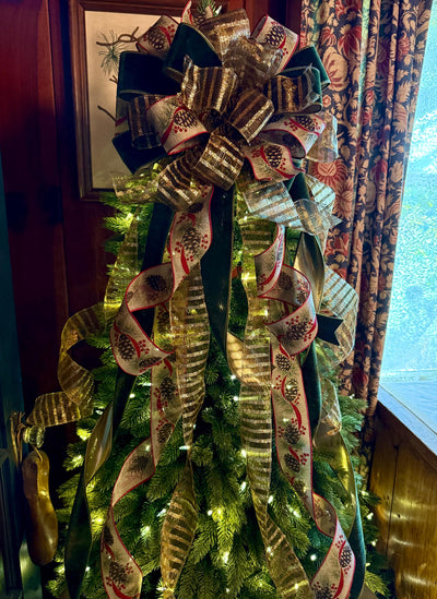 The Nora Green & Gold Christmas Tree Topper Bow, XL Velvet Luxury Ribbon Topper, Velvet bow for tree, big christmas bow