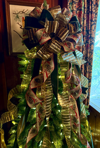 The Nora Green & Gold Christmas Tree Topper Bow, XL Velvet Luxury Ribbon Topper, Velvet bow for tree, big christmas bow