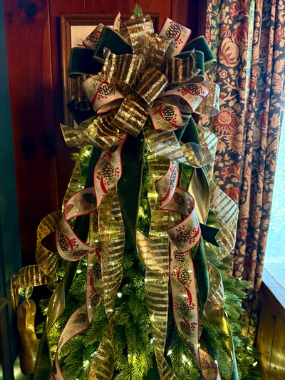 The Nora Green & Gold Christmas Tree Topper Bow, XL Velvet Luxury Ribbon Topper, Velvet bow for tree, big christmas bow