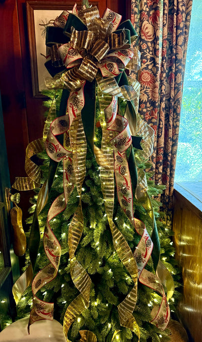 The Nora Green & Gold Christmas Tree Topper Bow, XL Velvet Luxury Ribbon Topper, Velvet bow for tree, big christmas bow