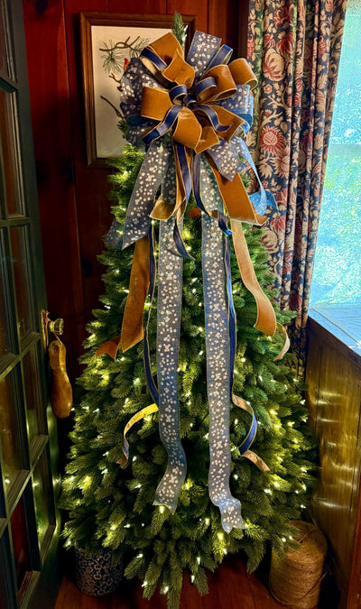 The Helene Blue & Gold Christmas Tree Topper Bow, Christmas bow for wreaths, Brass and blue bow, multicolor tree topper bow
