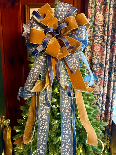 The Helene Blue & Gold Christmas Tree Topper Bow, Christmas bow for wreaths, Brass and blue bow, multicolor tree topper bow