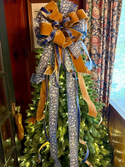 The Helene Blue & Gold Christmas Tree Topper Bow, Christmas bow for wreaths, Brass and blue bow, multicolor tree topper bow