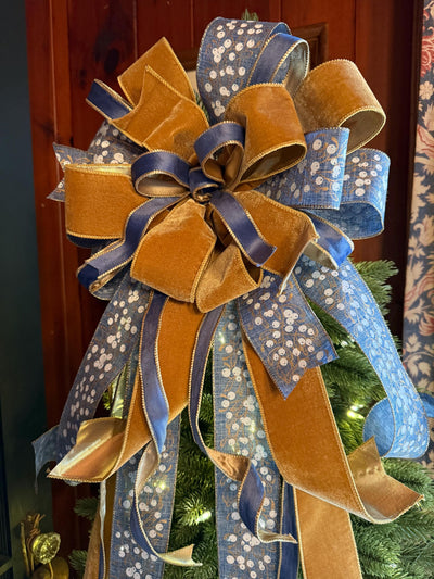 The Helene Blue & Gold Christmas Tree Topper Bow, Christmas bow for wreaths, Brass and blue bow, multicolor tree topper bow
