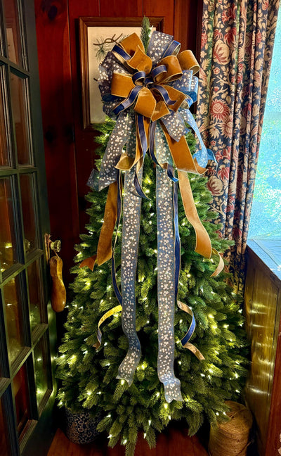 The Helene Blue & Gold Christmas Tree Topper Bow, Christmas bow for wreaths, Brass and blue bow, multicolor tree topper bow