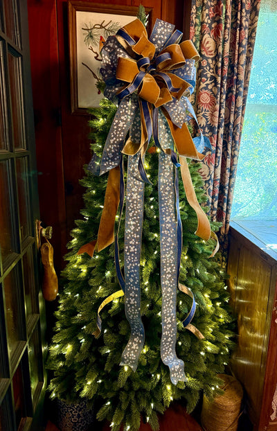 The Helene Blue & Gold Christmas Tree Topper Bow, Christmas bow for wreaths, Brass and blue bow, multicolor tree topper bow