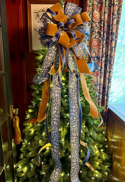 The Helene Blue & Gold Christmas Tree Topper Bow, Christmas bow for wreaths, Brass and blue bow, multicolor tree topper bow