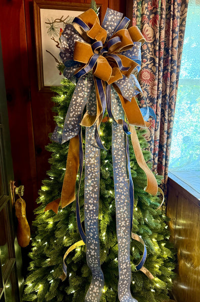 The Helene Blue & Gold Christmas Tree Topper Bow, Christmas bow for wreaths, Brass and blue bow, multicolor tree topper bow