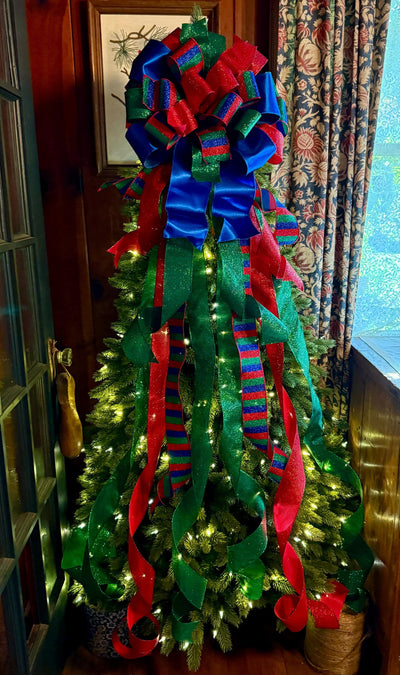The Anka Red Emerald Green & Navy Christmas Tree Topper Bow, Luxury Bow, Xmas bow, blue bow, ribbon topper, tree trimming bow