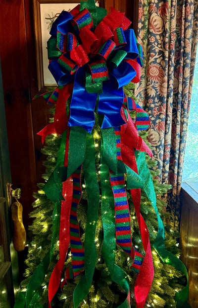 The Anka Red Emerald Green & Navy Christmas Tree Topper Bow, Luxury Bow, Xmas bow, blue bow, ribbon topper, tree trimming bow