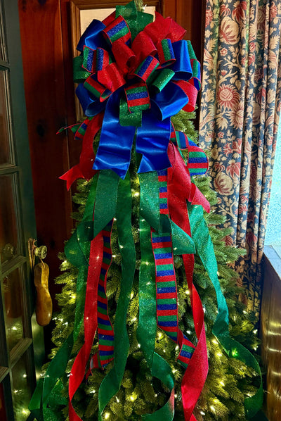 The Anka Red Emerald Green & Navy Christmas Tree Topper Bow, Luxury Bow, Xmas bow, blue bow, ribbon topper, tree trimming bow