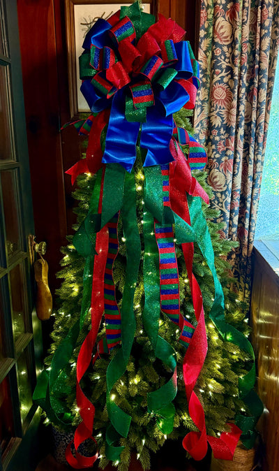 The Anka Red Emerald Green & Navy Christmas Tree Topper Bow, Luxury Bow, Xmas bow, blue bow, ribbon topper, tree trimming bow