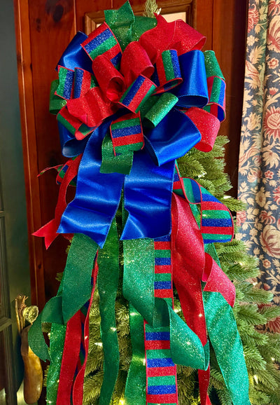 The Anka Red Emerald Green & Navy Christmas Tree Topper Bow, Luxury Bow, Xmas bow, blue bow, ribbon topper, tree trimming bow