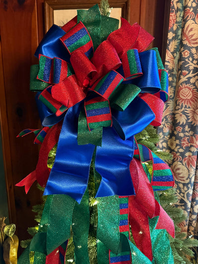 The Anka Red Emerald Green & Navy Christmas Tree Topper Bow, Luxury Bow, Xmas bow, blue bow, ribbon topper, tree trimming bow