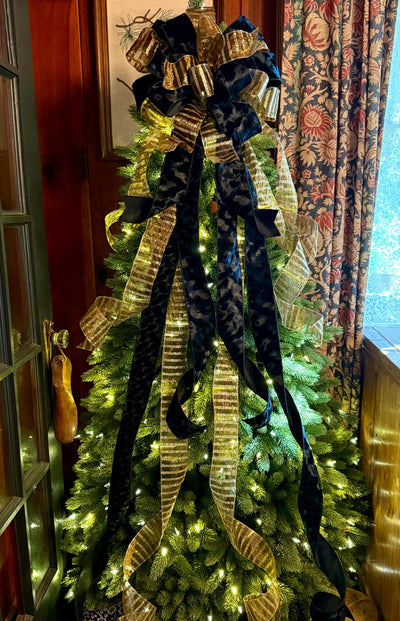The Amaya Black & Gold Velvet Christmas Tree Topper Bow, long streamer bow, big tree bow, bow for wreath, traditional christmas tree bow