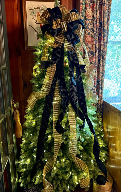 The Amaya Black & Gold Velvet Christmas Tree Topper Bow, long streamer bow, big tree bow, bow for wreath, traditional christmas tree bow