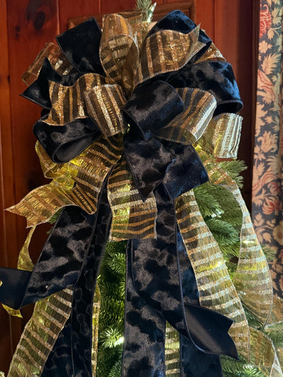 The Amaya Black & Gold Velvet Christmas Tree Topper Bow, long streamer bow, big tree bow, bow for wreath, traditional christmas tree bow
