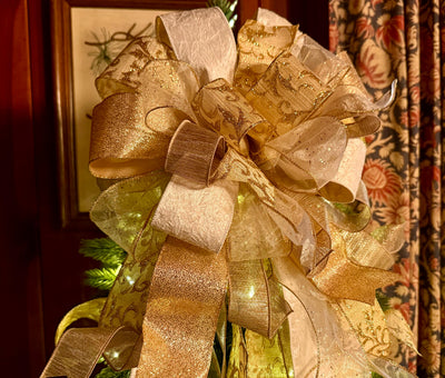 The Blitzen White and Gold Christmas Tree Topper Bow, long streamer gold bow, big gold christmas tree bow, XL bow