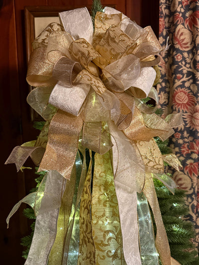 The Blitzen White and Gold Christmas Tree Topper Bow, long streamer gold bow, big gold christmas tree bow, XL bow