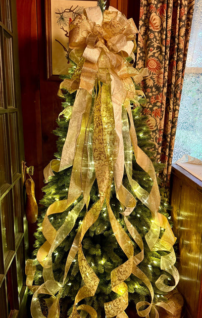 The Blitzen White and Gold Christmas Tree Topper Bow, long streamer gold bow, big gold christmas tree bow, XL bow