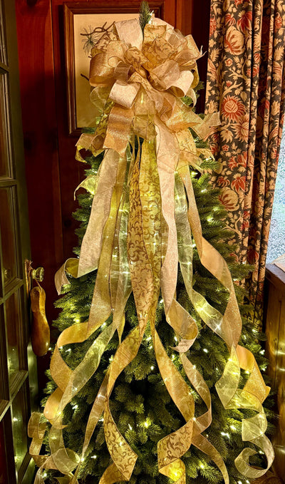 The Blitzen White and Gold Christmas Tree Topper Bow, long streamer gold bow, big gold christmas tree bow, XL bow