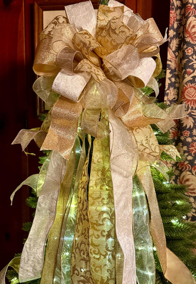The Blitzen White and Gold Christmas Tree Topper Bow, long streamer gold bow, big gold christmas tree bow, XL bow