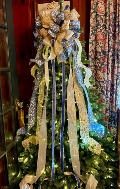 The Lena Blue & Gold Christmas Tree Topper Bow, Christmas bow for wreaths, Gold and blue bow, multicolor tree topper bow