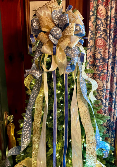 The Lena Blue & Gold Christmas Tree Topper Bow, Christmas bow for wreaths, Gold and blue bow, multicolor tree topper bow