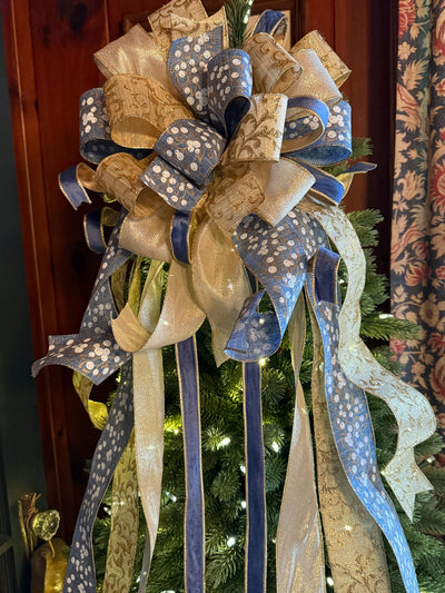 The Lena Blue & Gold Christmas Tree Topper Bow, Christmas bow for wreaths, Gold and blue bow, multicolor tree topper bow