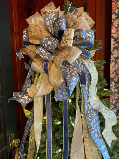 The Lena Blue & Gold Christmas Tree Topper Bow, Christmas bow for wreaths, Gold and blue bow, multicolor tree topper bow