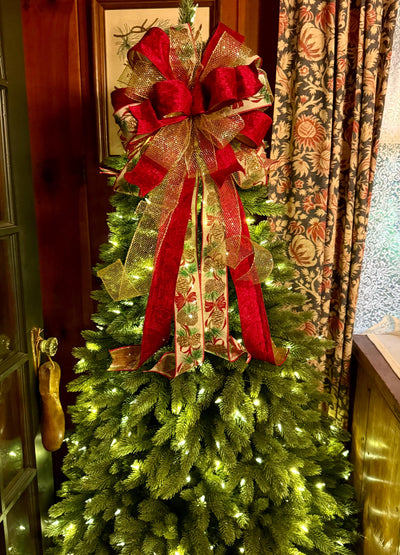 The Elena Red & Gold Christmas Tree Topper Bow, Bow topper for christmas tree, cranberry red bow, tree trimming bow, red velvet bow for tree