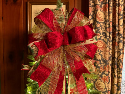 The Elena Red & Gold Christmas Tree Topper Bow, Bow topper for christmas tree, cranberry red bow, tree trimming bow, red velvet bow for tree
