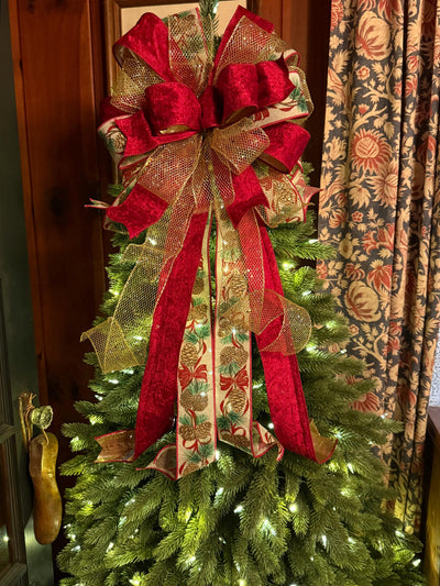 The Elena Red & Gold Christmas Tree Topper Bow, Bow topper for christmas tree, cranberry red bow, tree trimming bow, red velvet bow for tree