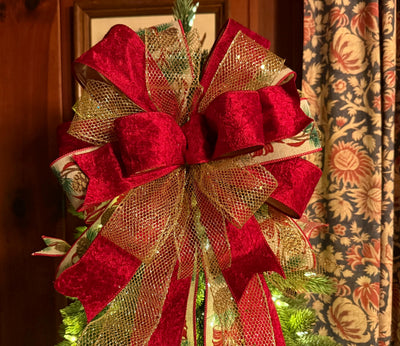 The Elena Red & Gold Christmas Tree Topper Bow, Bow topper for christmas tree, cranberry red bow, tree trimming bow, red velvet bow for tree