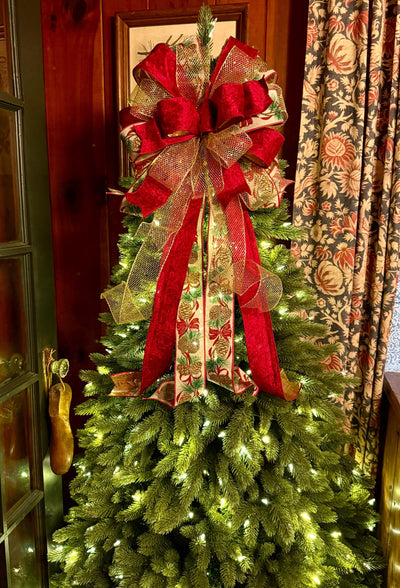 The Elena Red & Gold Christmas Tree Topper Bow, Bow topper for christmas tree, cranberry red bow, tree trimming bow, red velvet bow for tree