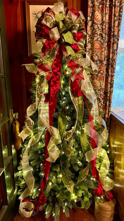 The Bridgette Red & Green Velvet Christmas Tree Topper Bow, Red gold long streamer bow, XL gold christmas tree bow, large bow for wreaths