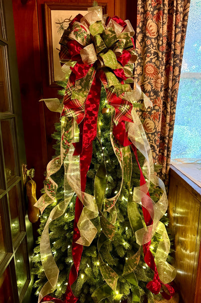 The Bridgette Red & Green Velvet Christmas Tree Topper Bow, Red gold long streamer bow, XL gold christmas tree bow, large bow for wreaths