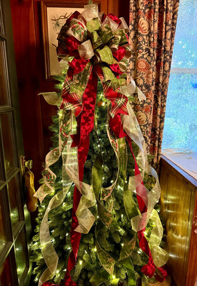 The Bridgette Red & Green Velvet Christmas Tree Topper Bow, Red gold long streamer bow, XL gold christmas tree bow, large bow for wreaths