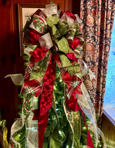 The Bridgette Red & Green Velvet Christmas Tree Topper Bow, Red gold long streamer bow, XL gold christmas tree bow, large bow for wreaths