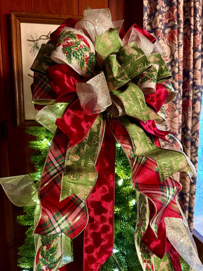 The Bridgette Red & Green Velvet Christmas Tree Topper Bow, Red gold long streamer bow, XL gold christmas tree bow, large bow for wreaths