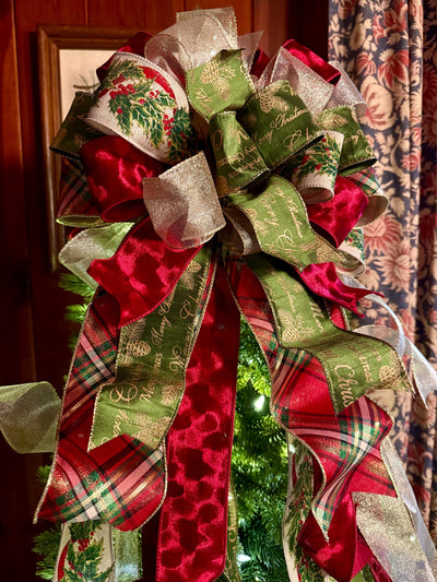 The Bridgette Red & Green Velvet Christmas Tree Topper Bow, Red gold long streamer bow, XL gold christmas tree bow, large bow for wreaths