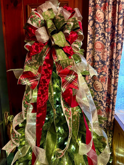 The Bridgette Red & Green Velvet Christmas Tree Topper Bow, Red gold long streamer bow, XL gold christmas tree bow, large bow for wreaths