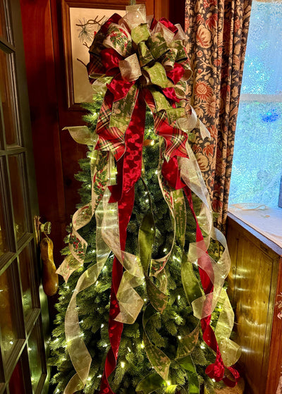 The Bridgette Red & Green Velvet Christmas Tree Topper Bow, Red gold long streamer bow, XL gold christmas tree bow, large bow for wreaths